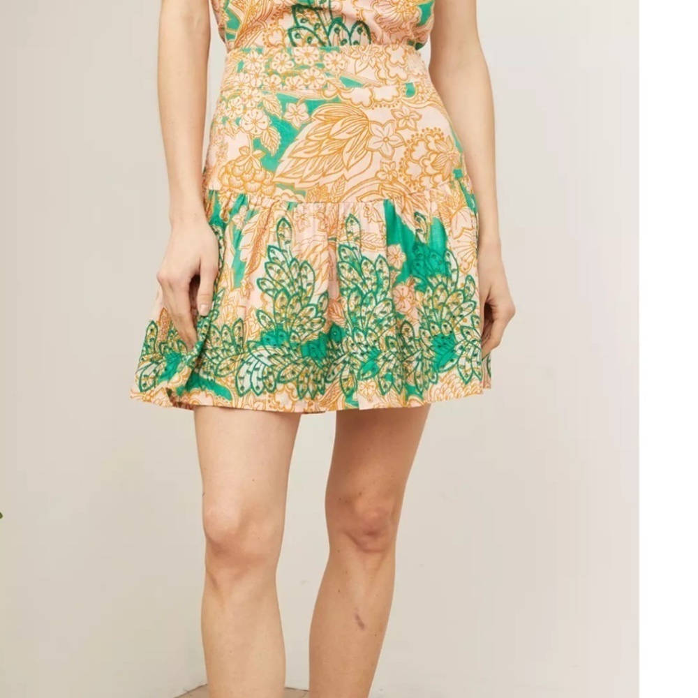 NWT Basement Tan Green Embroidered Pattern A Line Mini Skirt Size M